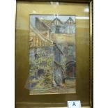 C Wagstaff - two figures beside an open door in a courtyard watercolour inscribed Rouen bears a