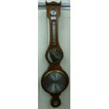 A Georgian style string inlaid mahogany banjo shaped aneroid barometer, comprising a silvered dial,