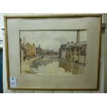 Knowles Drewe - an urban canal scene with figures on the towpath watercolour bears a signature &