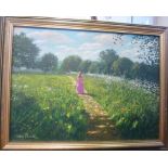 John Palmer - 'A young woman strolling through a flower meadow' oil on canvas bears a signature