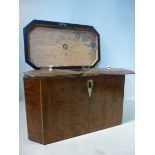 An early 19thC feather inlaid mahogany tea casket with straight sides, canted corners and a hinged,