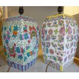A matched pair of Oriental porcelain vase design table lamps of square, baluster design,