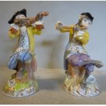 Two early 20thC Dresden porcelain monkey band figures, one playing the fiddle,