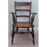 A mid 19thC fruitwood and elm framed Windsor ladderback elbow chair with scrolled uprights,