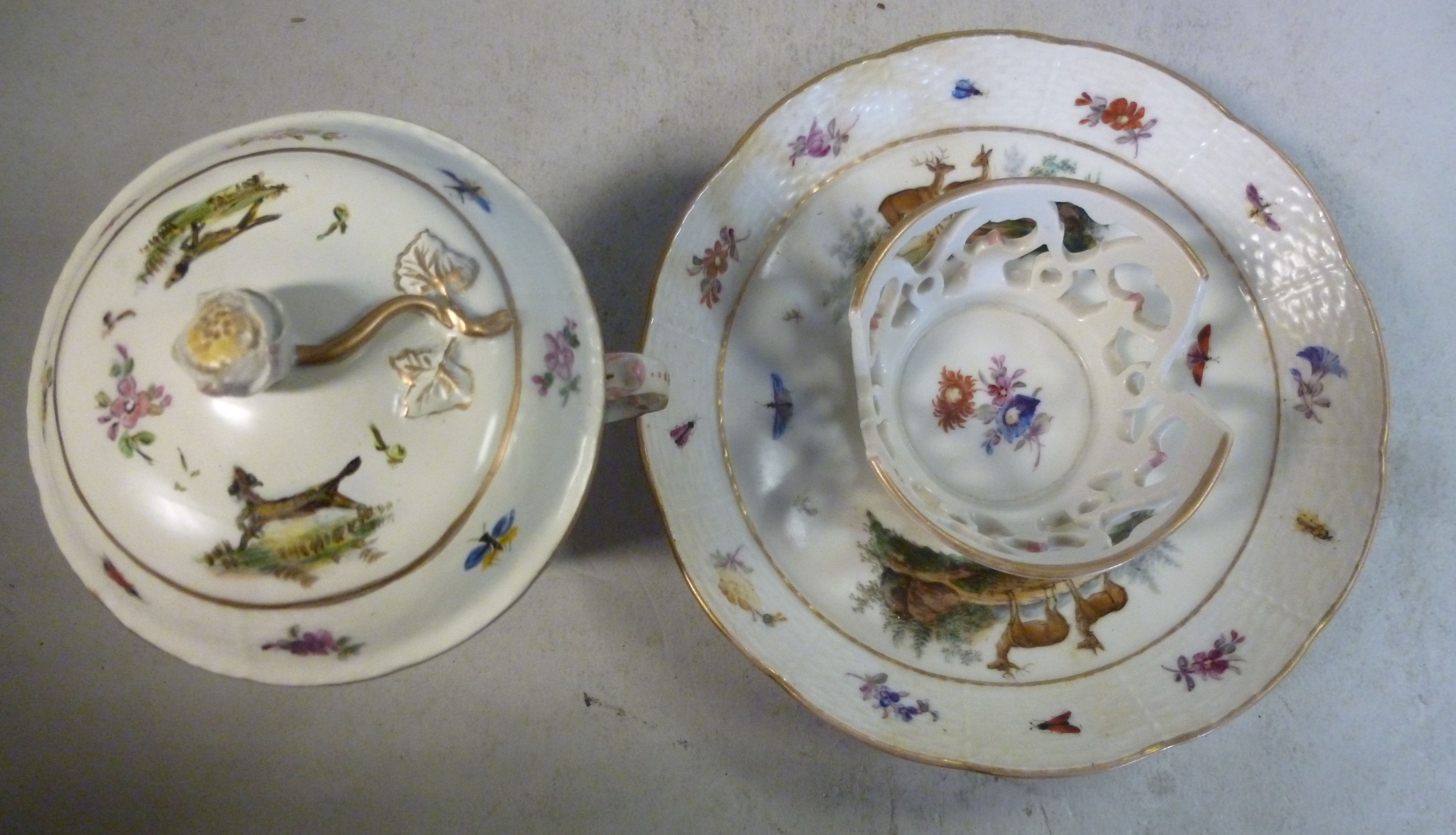 A late 18thC Berlin porcelain covered, twin handled chocolate cup and cover, - Image 3 of 6