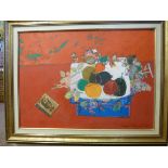 Roger Bezombes - 'La Jardiniere' a stylised still life, soft fruit with leafing,