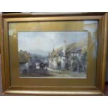 Late 19thC British School - a country village street scene with figures and a horsedrawn cart in