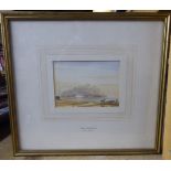 Attributed to John Henderson - a shoreline scene with figures by small beached vessels and ruins on