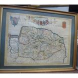 A mid/late 17thC Joan Blaeu coloured county map 'Nortfolcia' with a banner title,
