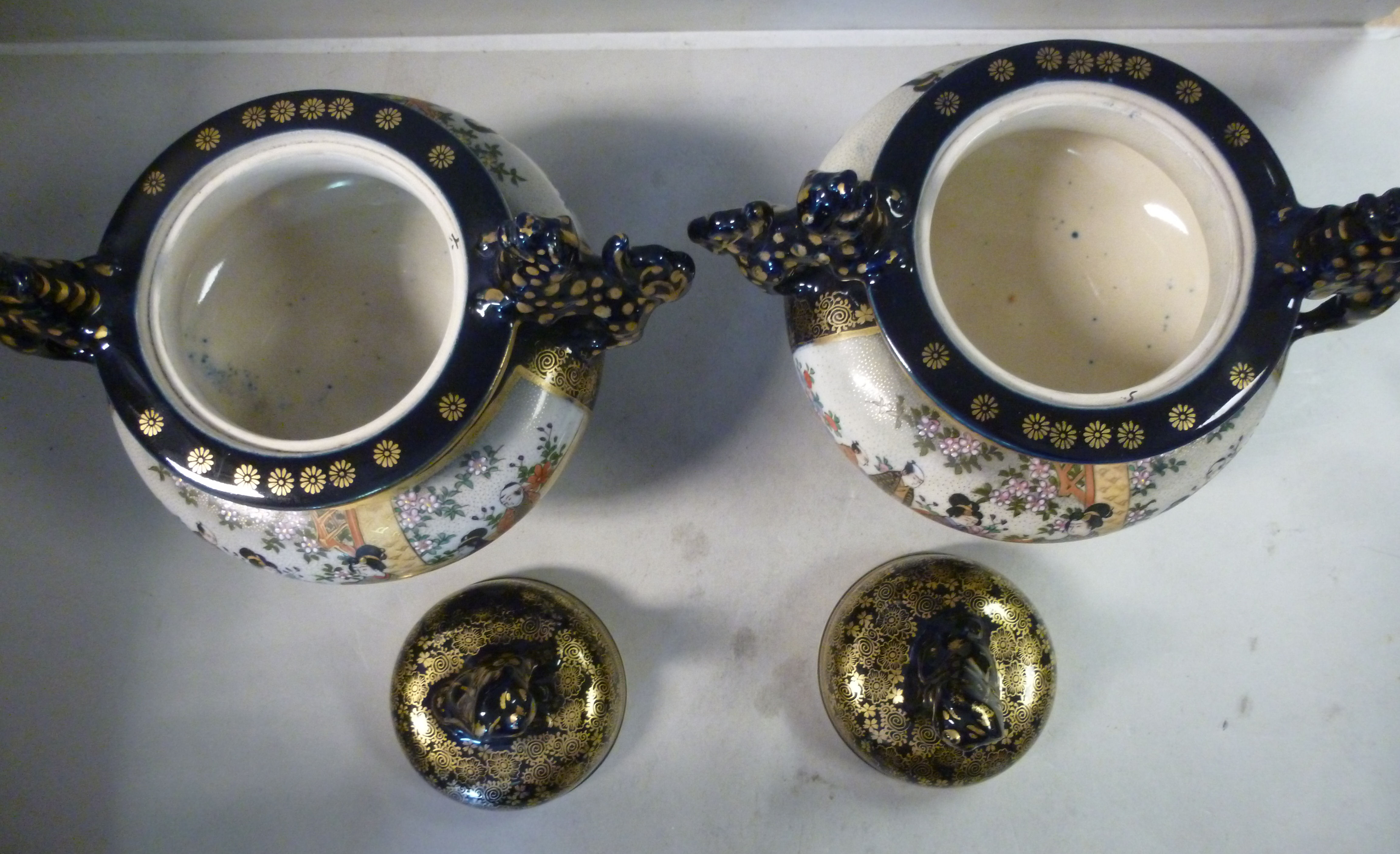 A pair of 20thC Japanese Satsuma earthenware censer design vases with domed covers, - Image 2 of 3