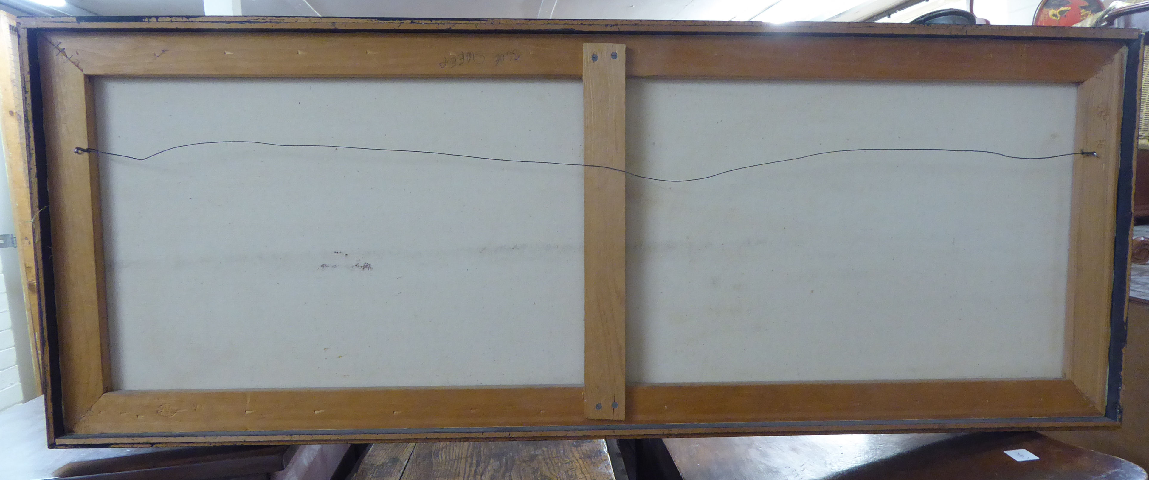 1960s American School - 'Blue Sweep' oil on canvas 16'' x 44'' framed - Image 3 of 5