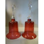 Two, almost identical, late 19th/early 20thC Cranberry glass bell ornaments, on clear,