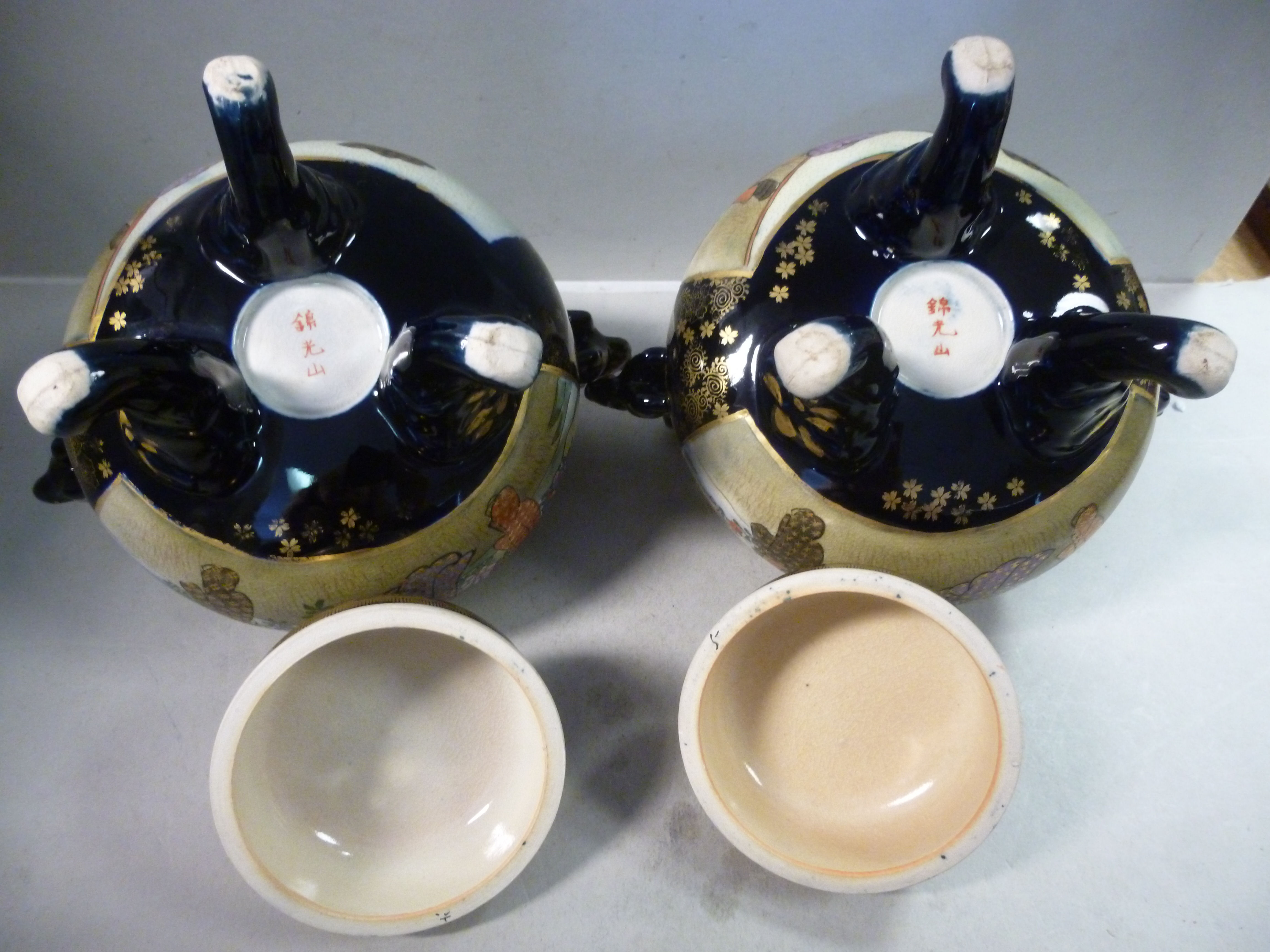 A pair of 20thC Japanese Satsuma earthenware censer design vases with domed covers, - Image 3 of 3