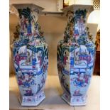 A pair of mid/late 19thC Chinese porcelain vases of shouldered, hexagonal baluster form with wide,