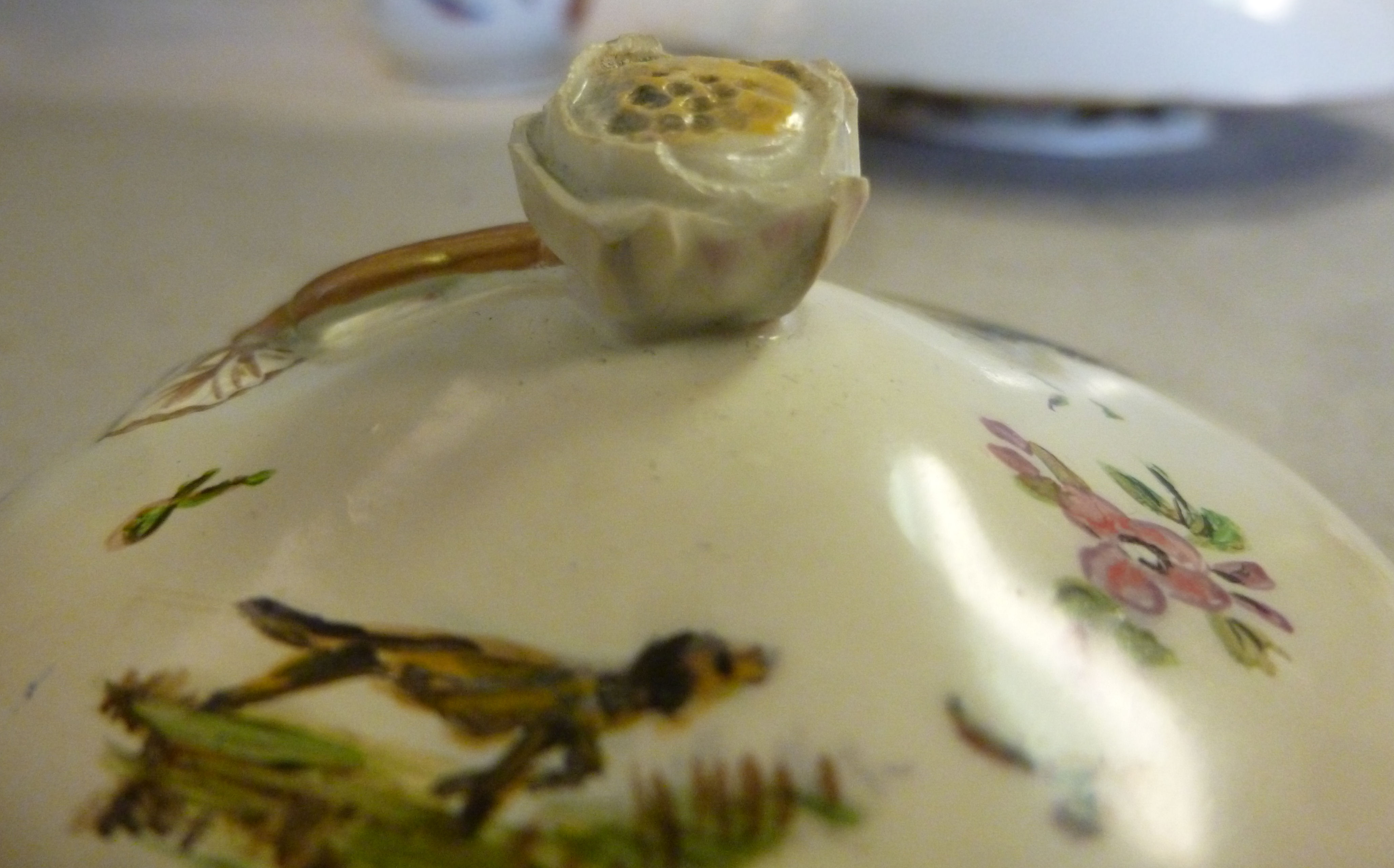 A late 18thC Berlin porcelain covered, twin handled chocolate cup and cover, - Image 6 of 6