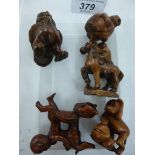 Carved fruitwood netsuke design animals and figures CS