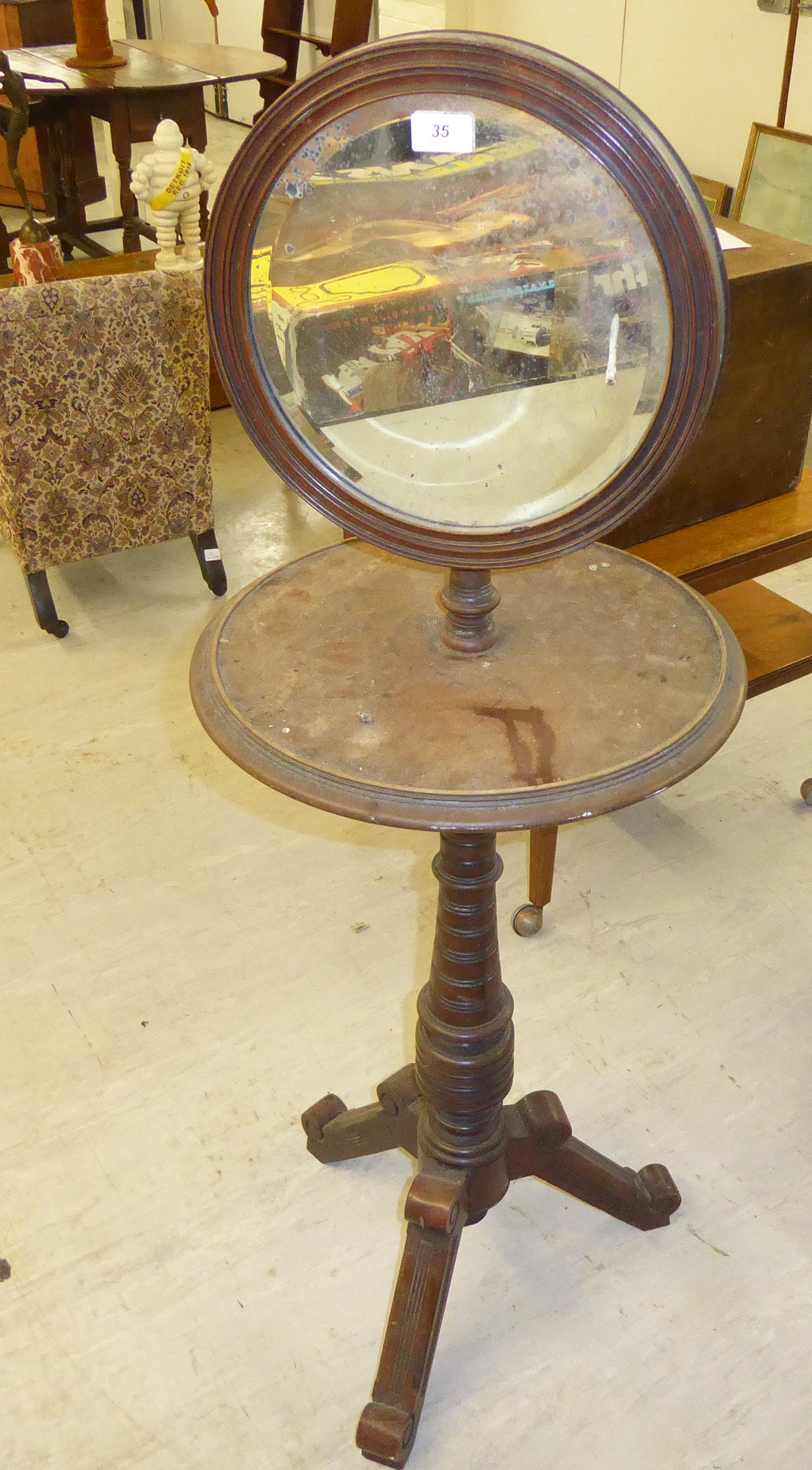 An Edwardian mahogany shaving stand, the rotating circular mirror on a ring turned, - Image 2 of 2