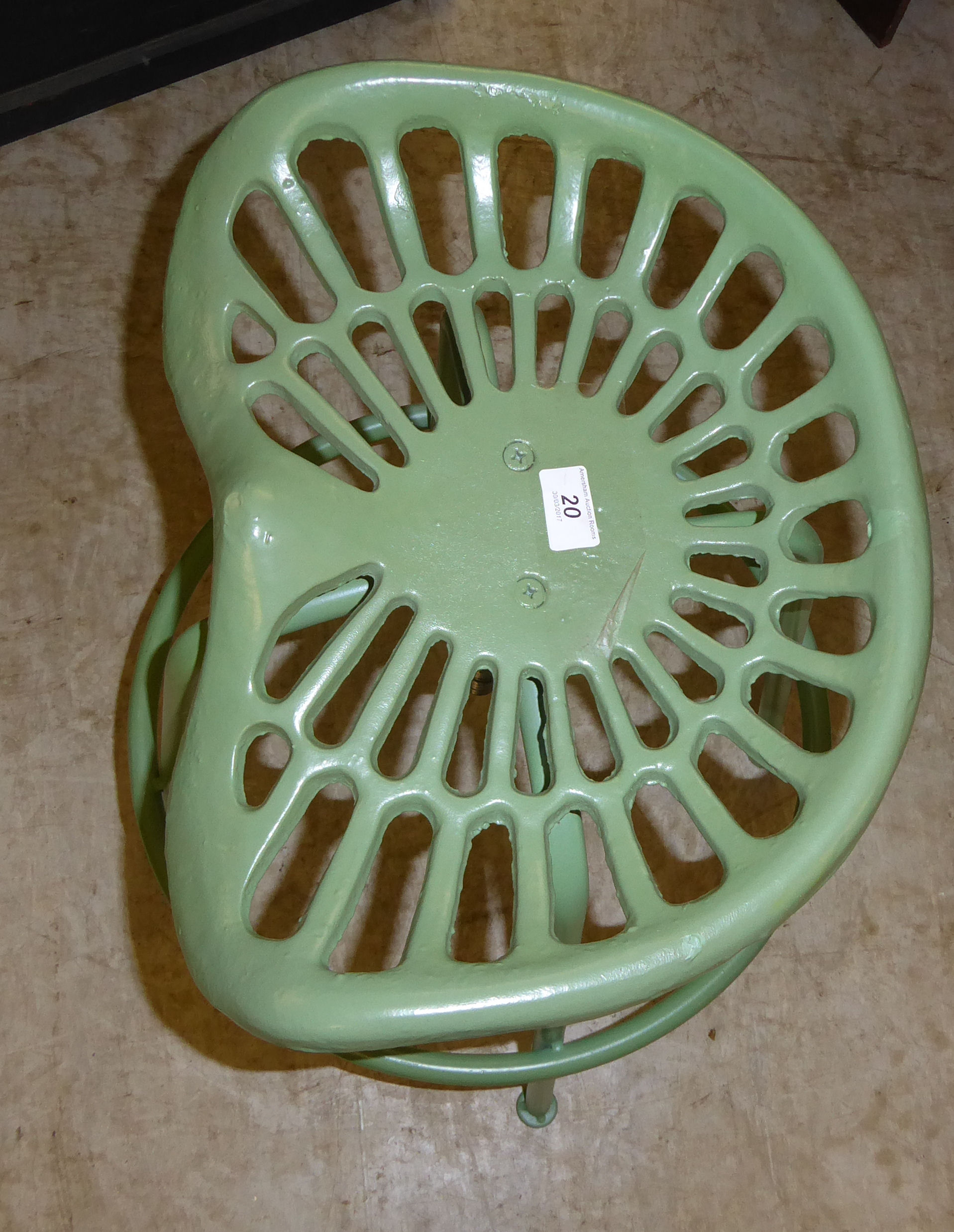 An (as new) green painted cast iron and steel stool with a height adjustable tractor style seat, - Image 2 of 2