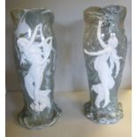 A pair of Art Nouveau inspired marbleised pale green porcelain vases of naturalistically moulded