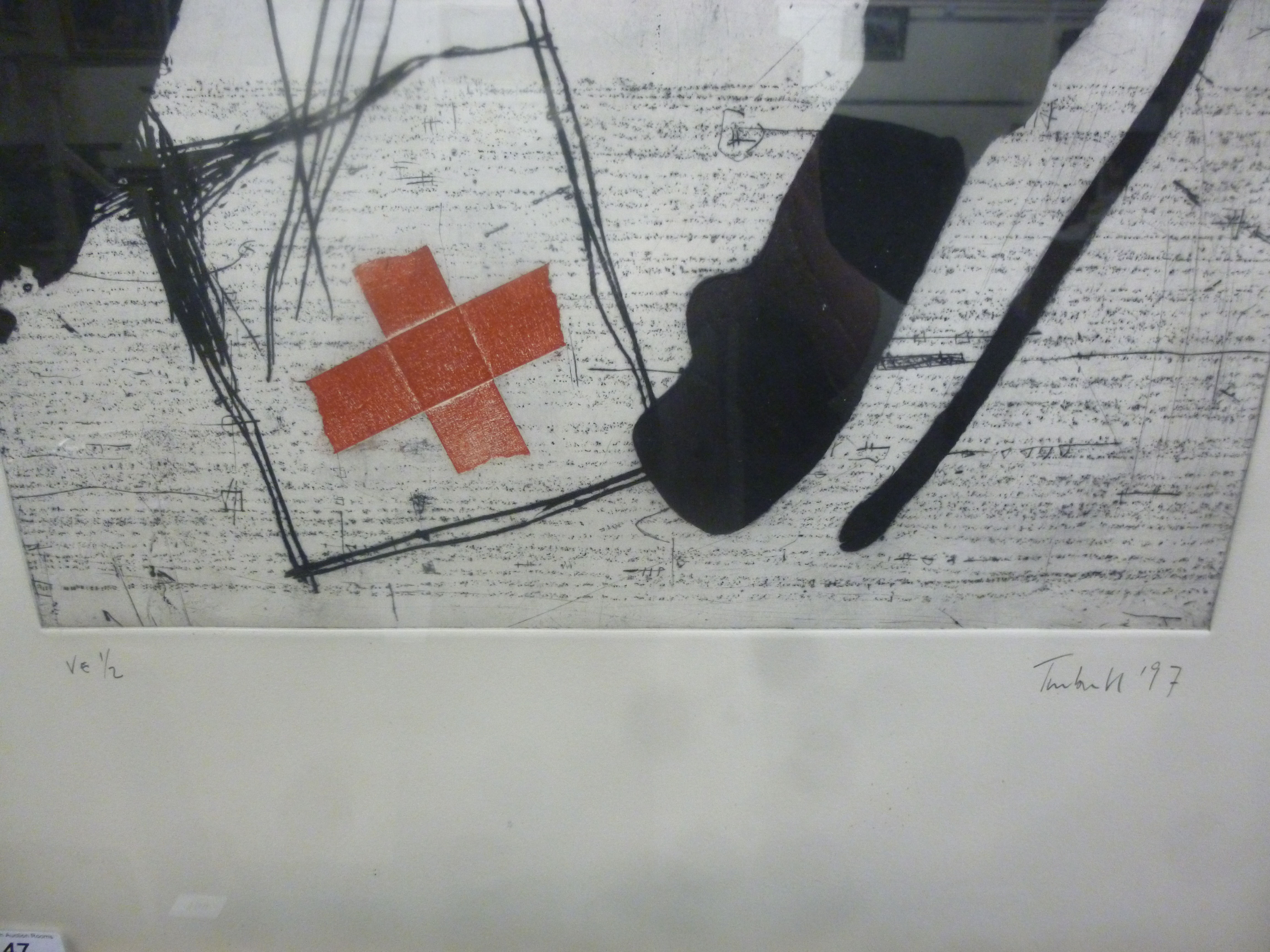 After Turnbull - an abstract in black and white with red print bears a pencil reference VE 1/2 & a - Image 2 of 2