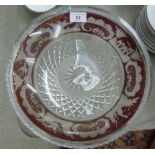 A modern Bohemian part ruby coloured, slice decorated and engraved glass dish,