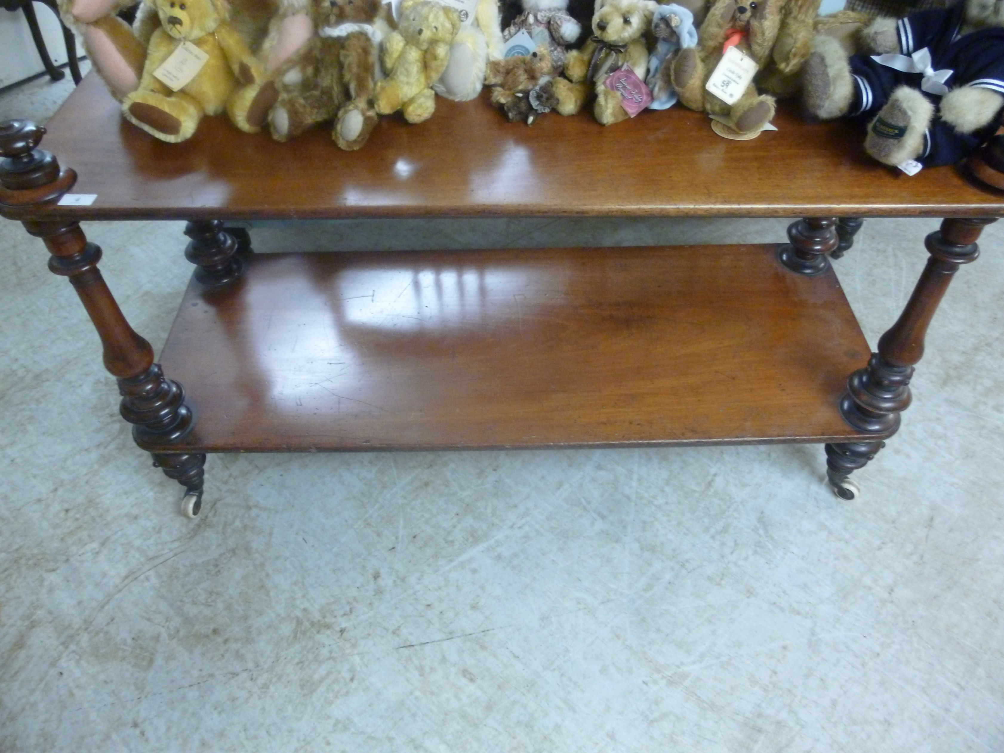 An early Victorian mahogany low buffet with four knopped, turned, tapered, baluster pillars, - Image 2 of 3