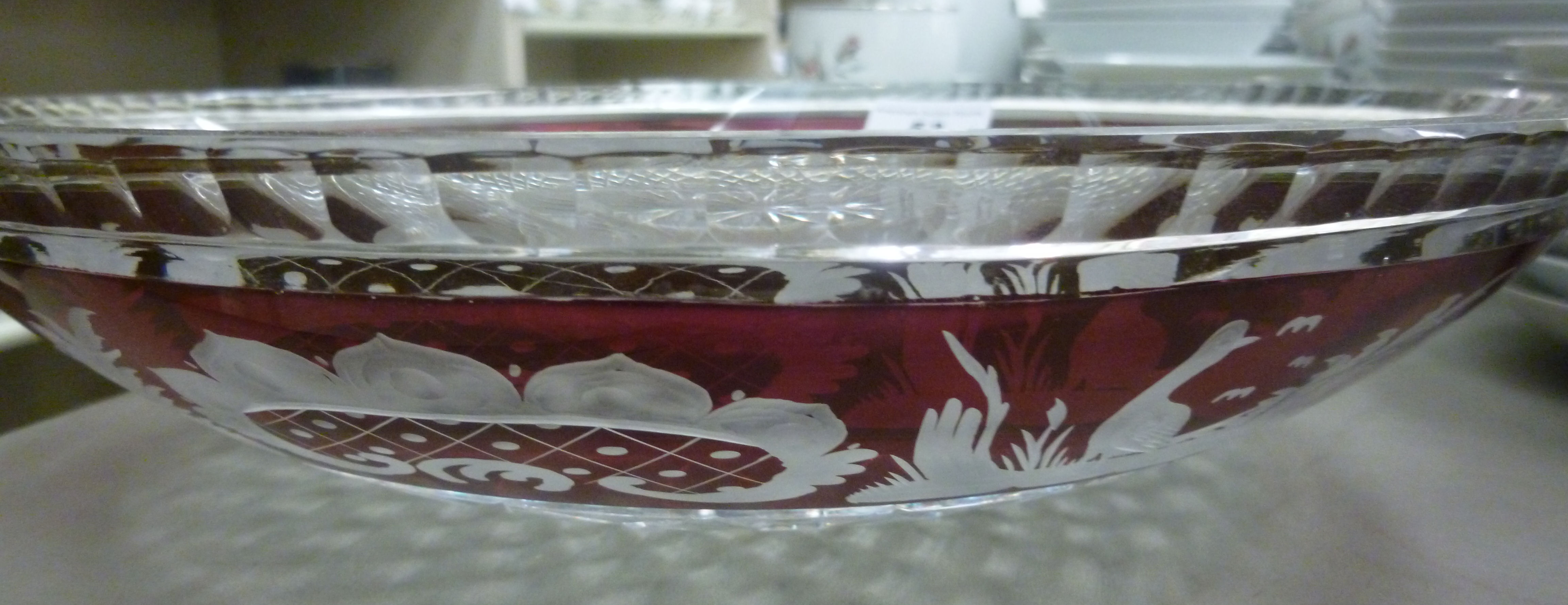 A modern Bohemian part ruby coloured, slice decorated and engraved glass dish, - Image 2 of 2