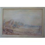 FJ Delafour - a shoreline scene with figures watercolour bears a signature 6'' x 8.