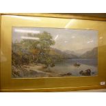 Mid 19thC British School - a loch scene with two fishermen in a rowing boat and watering cattle