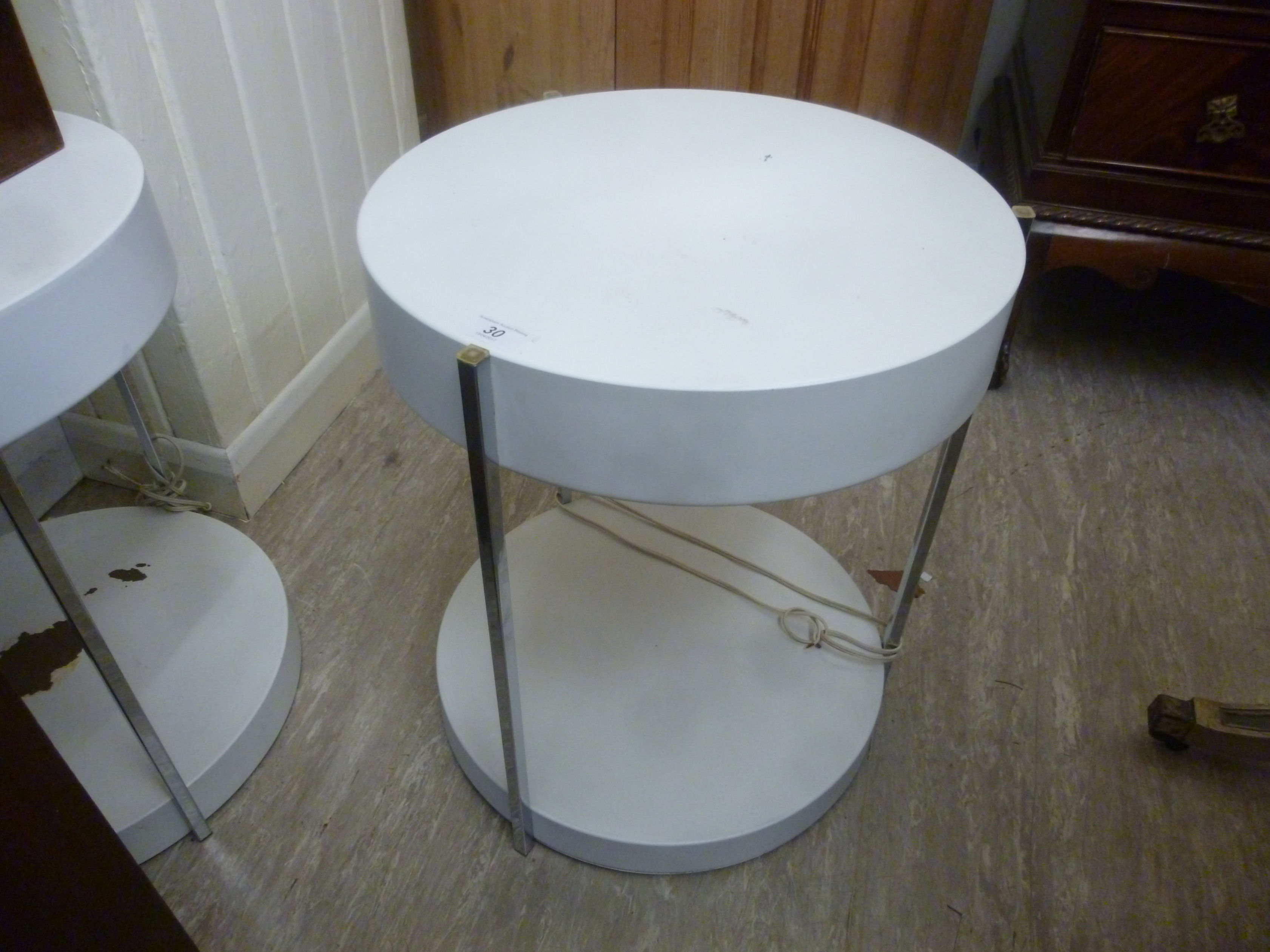 A 1960s white enamelled two tier floorstanding shelf unit with section tubular chromium plated - Image 2 of 3