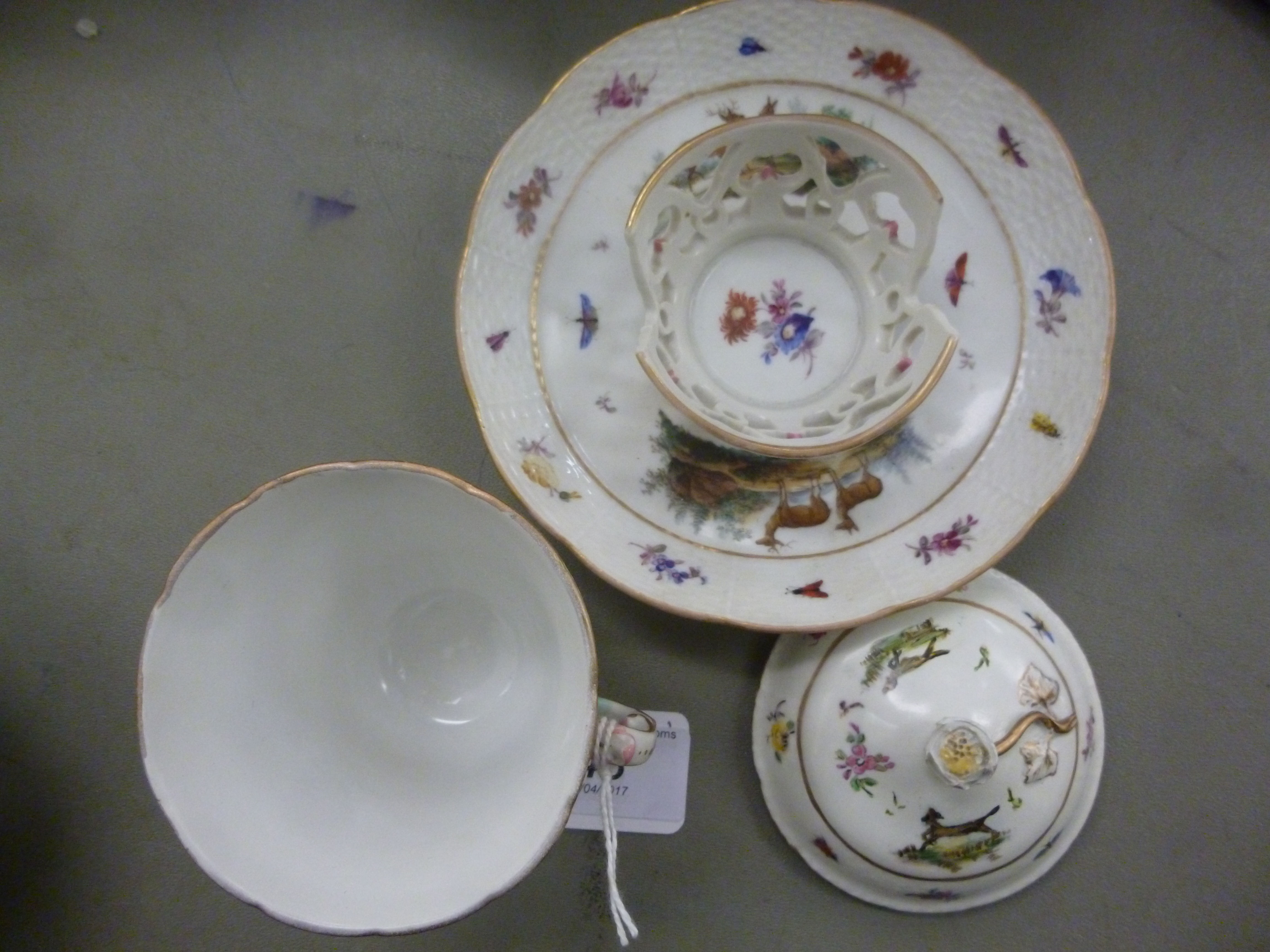 A late 18thC Berlin porcelain covered, twin handled chocolate cup and cover, - Image 2 of 3