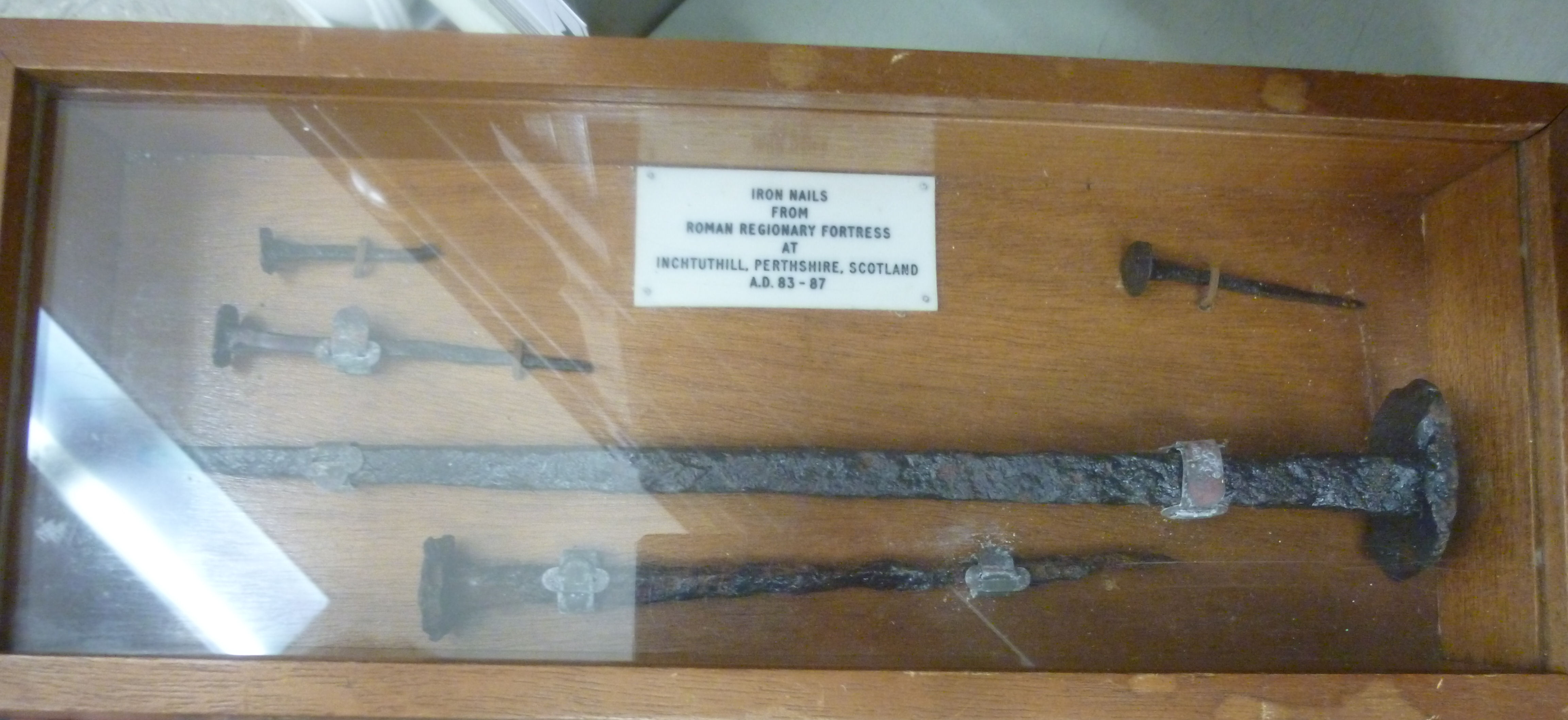 A display of iron nails purported to have come from a Roman Regionary Fortress at Inchtuthill,
