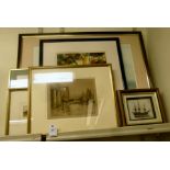 Six various framed pictures: to include after Henry Walker - a quayside with small fishing vessels