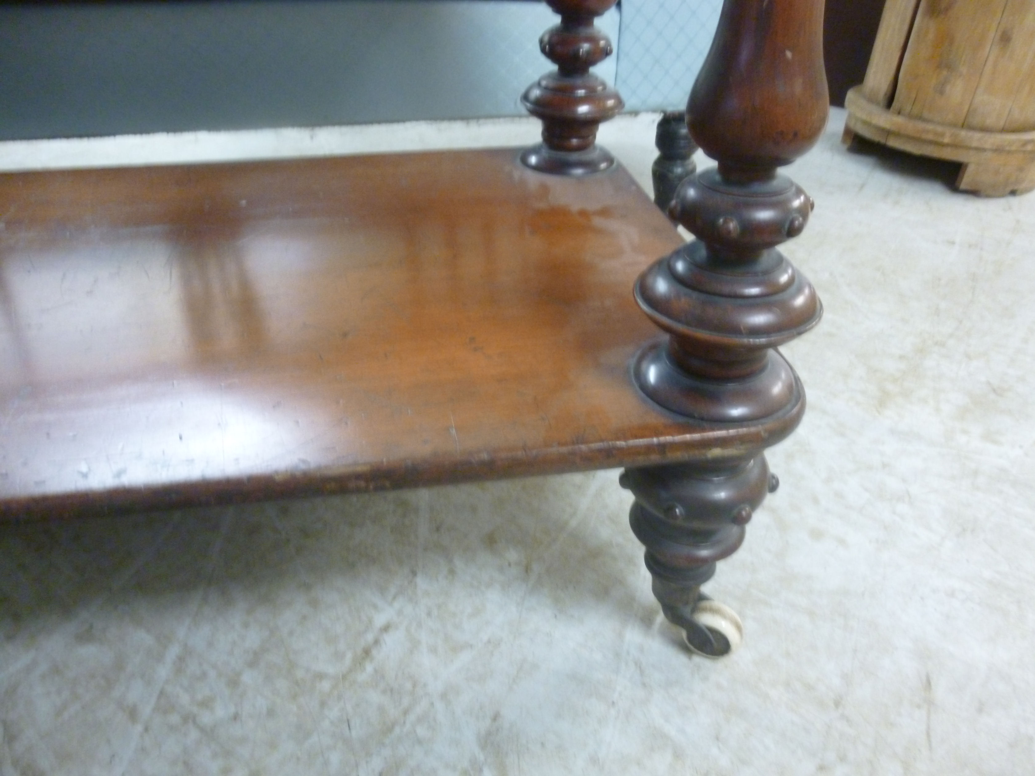 An early Victorian mahogany low buffet with four knopped, turned, tapered, baluster pillars, - Image 3 of 3