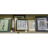 Modern framed commemorative postage stamps and other items: to include charicature prints of Steve