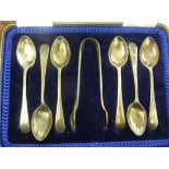 A set of six silver Old English pattern teaspoons and matching sugar tongs Sheffield marks rubbed