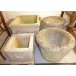 Five various composition stone terrace pots: to include one of square box design with neo-classical