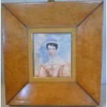 A late 19thC portrait miniature, a half length portrait, one Caroline Ridgwood,