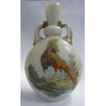 A mid 19thC opaline moonflask, decorated in colours with a cockerel,