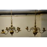 A pair of 18th/19thC Dutch brass candlelight chandeliers, each central column with an orb terminal,