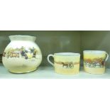 Three pieces of Royal Doulton china, decorated with coaching scenes, viz. a bulbous pot 4.