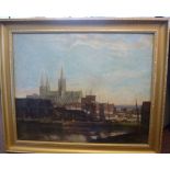 Andrew F Affleck - 'A view of the Cathedral at Bruges from the river' oil on canvas bears a