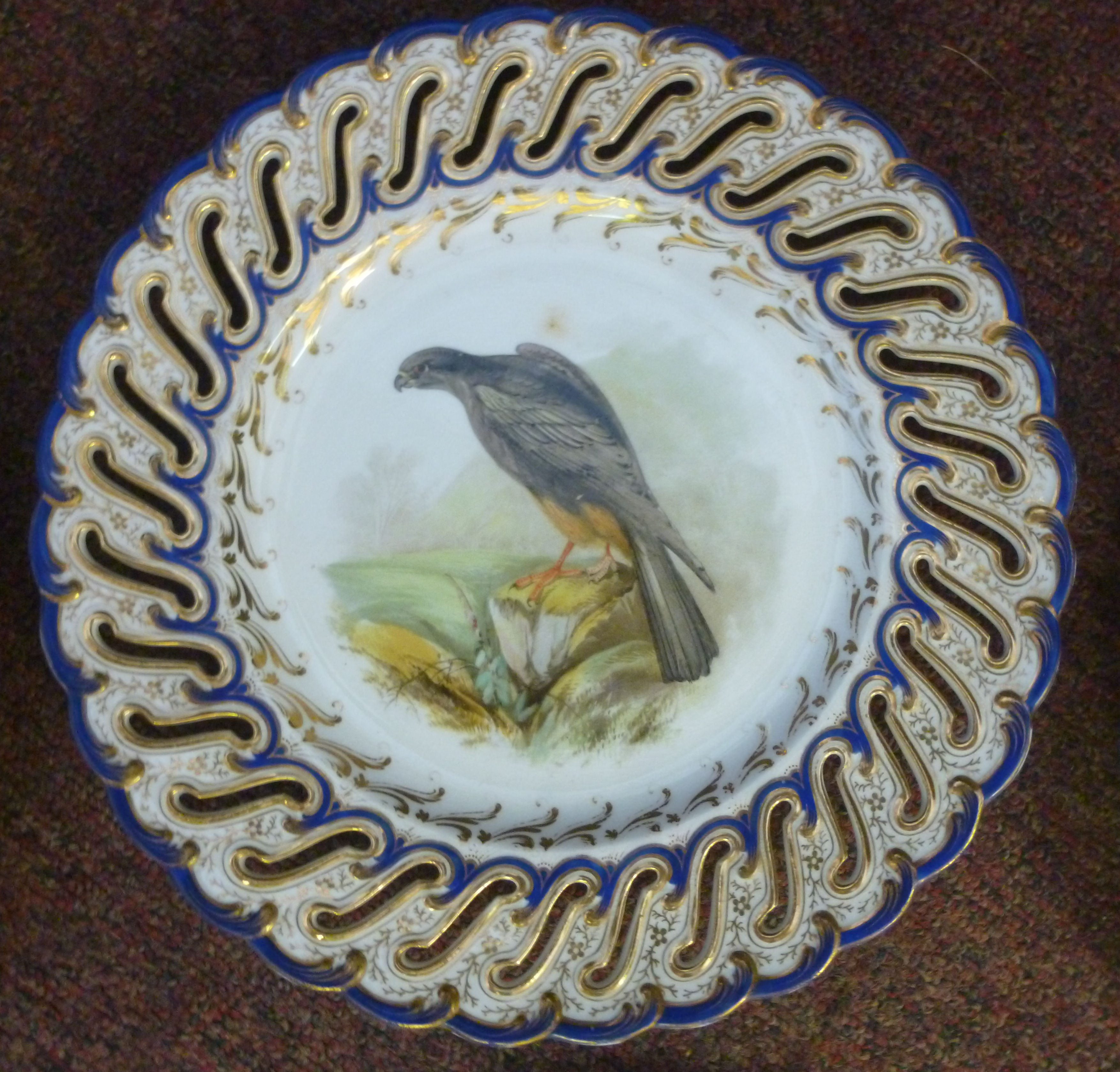 A set of six late 19thC china dessert plates and a matching comport with uniformly pierced and - Image 3 of 12