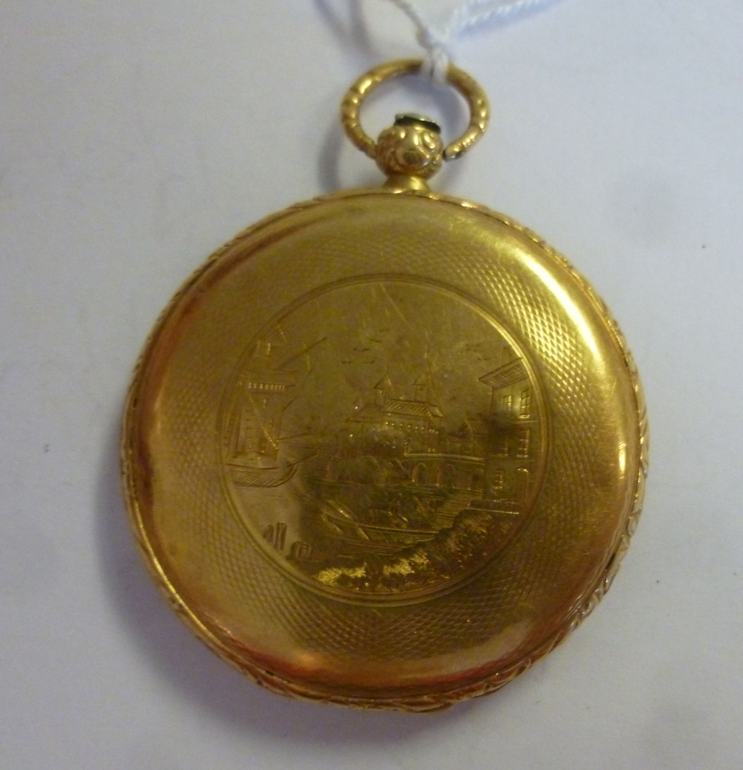 A late 19thC Flemish gold coloured metal slim cased pocket watch, engine turned, - Image 2 of 5