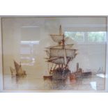 F J Aldridge - moored vessels by a dockyard watercolour bears a signature 10'' x 13.