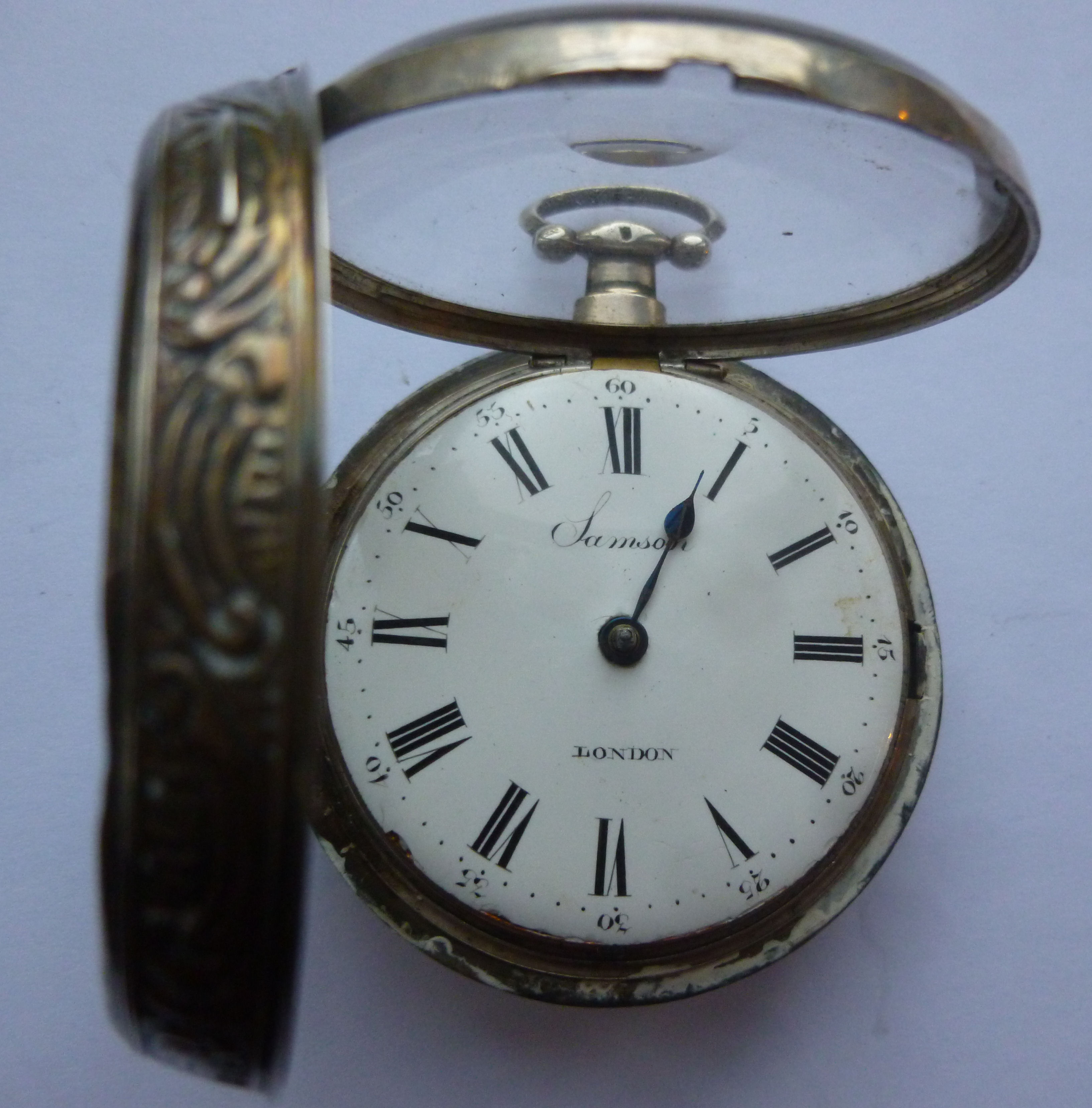 A late Victorian silver pair cased pocket watch, ornately embossed with a Biblical scene, - Image 3 of 10