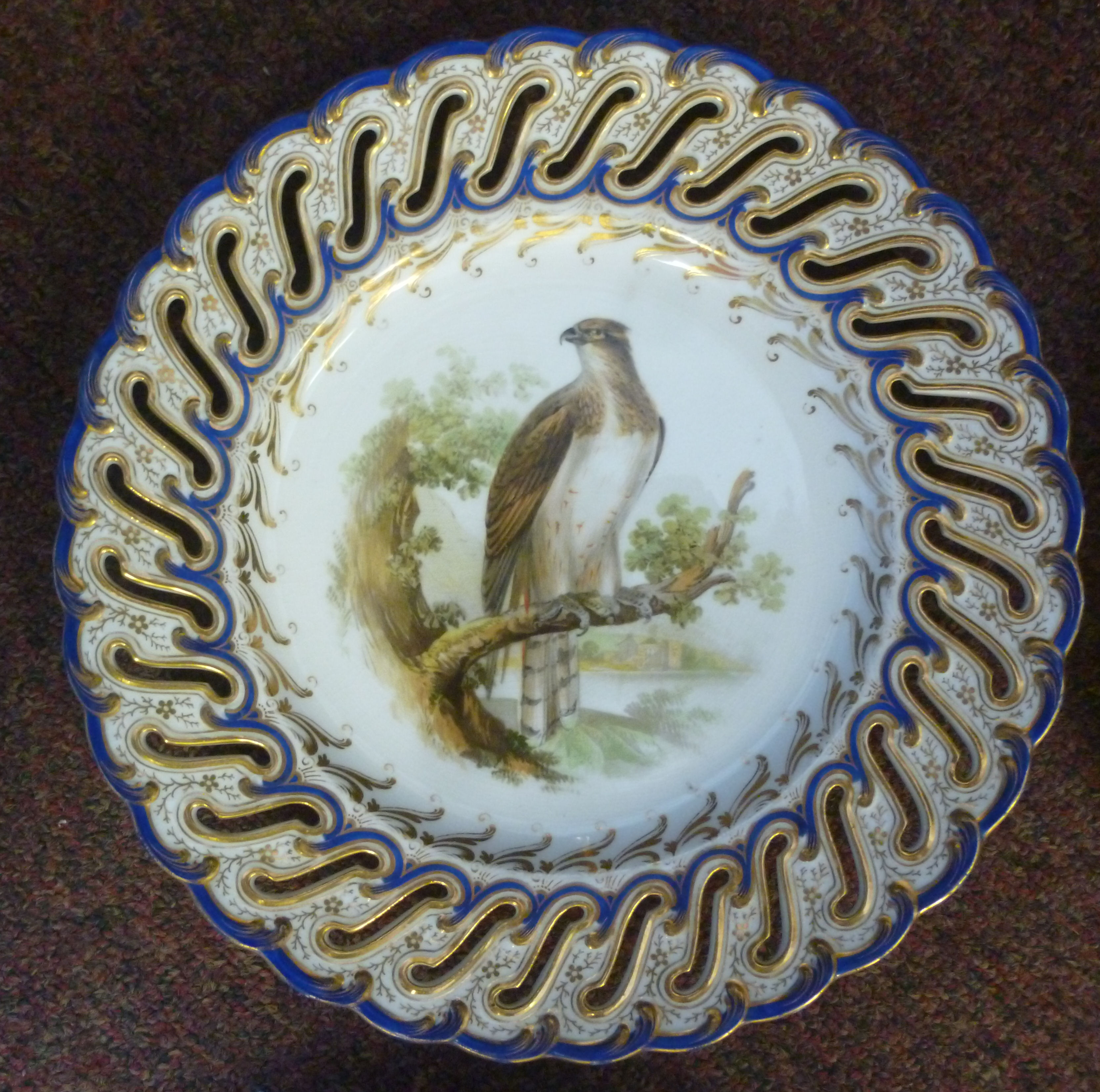 A set of six late 19thC china dessert plates and a matching comport with uniformly pierced and - Image 2 of 12