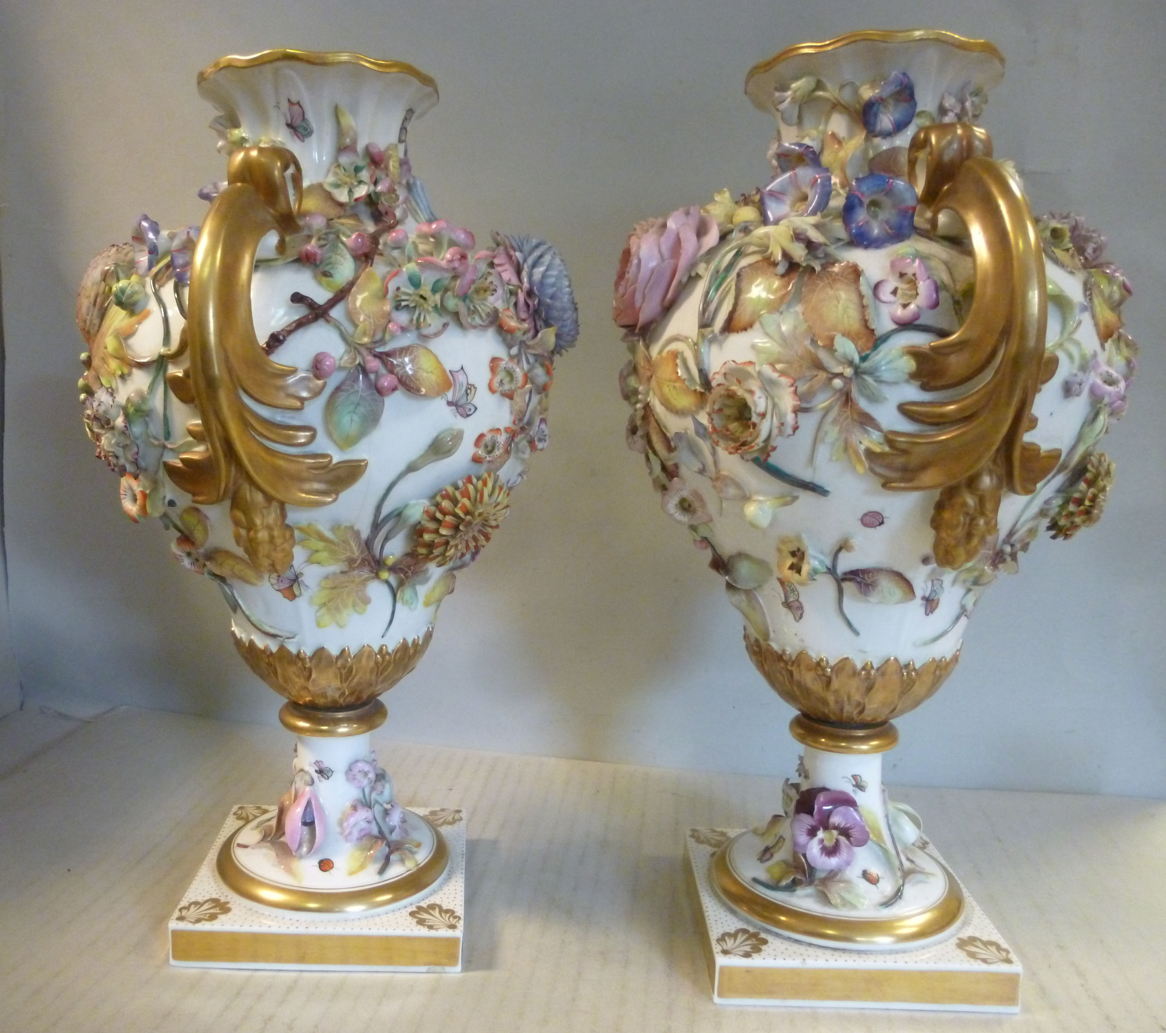 A pair of Chamberlains Worcester ivory glazed and floral encrusted gilded and painted pear shaped, - Image 2 of 9