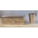 A Chinese silver coloured metal cigarette box with straight sides, a hinged lid,