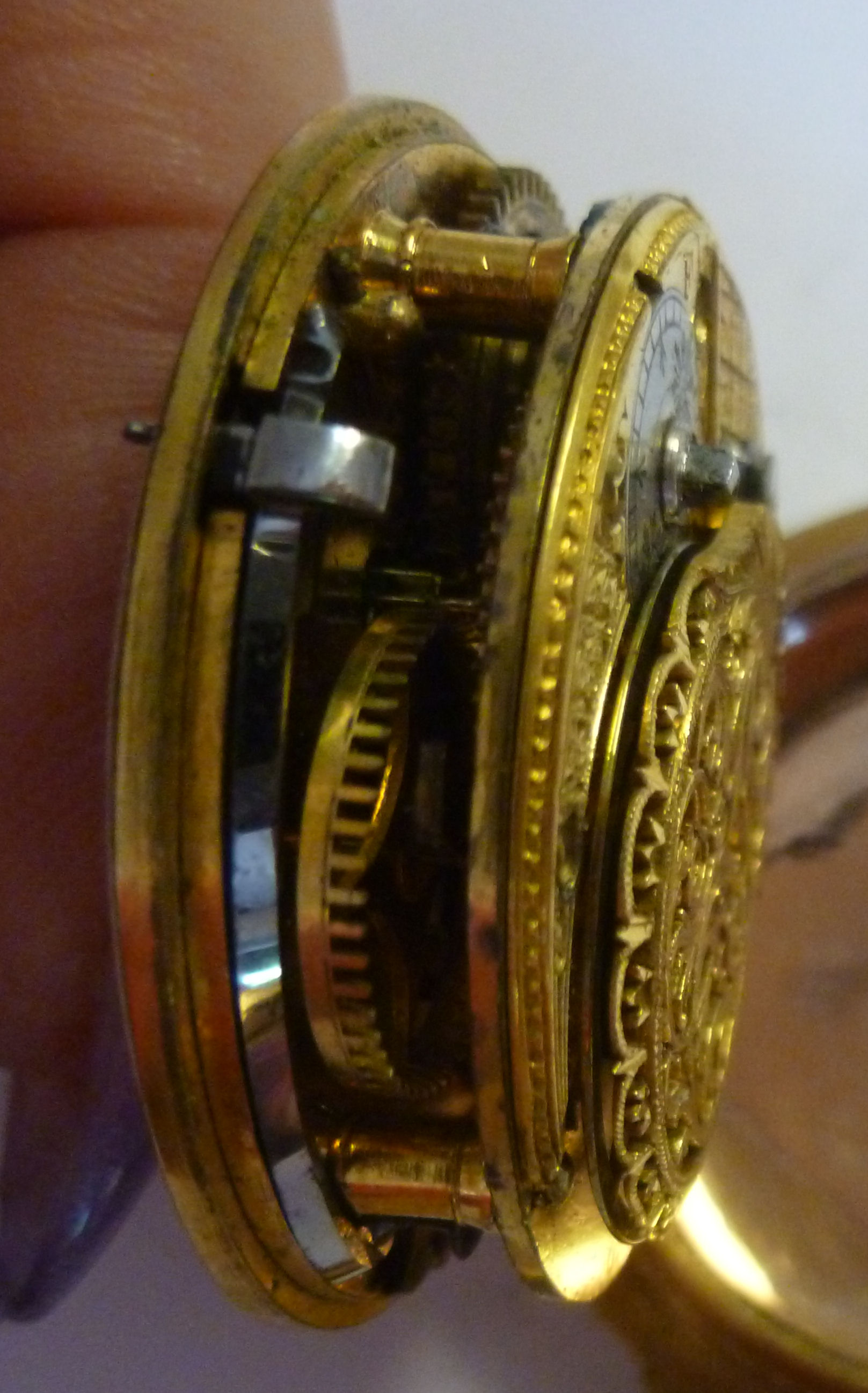 An early 19thC engraved and chased gilt metal cased pocket watch, the fusee movement inscribed Ja. - Image 6 of 7